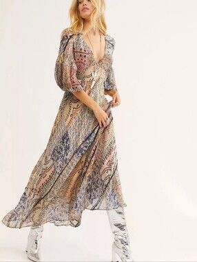 ​Free People Moroccan Dreams Balloon Sleeve Boho Maxi Dress Sz 4 Rare!! Festival